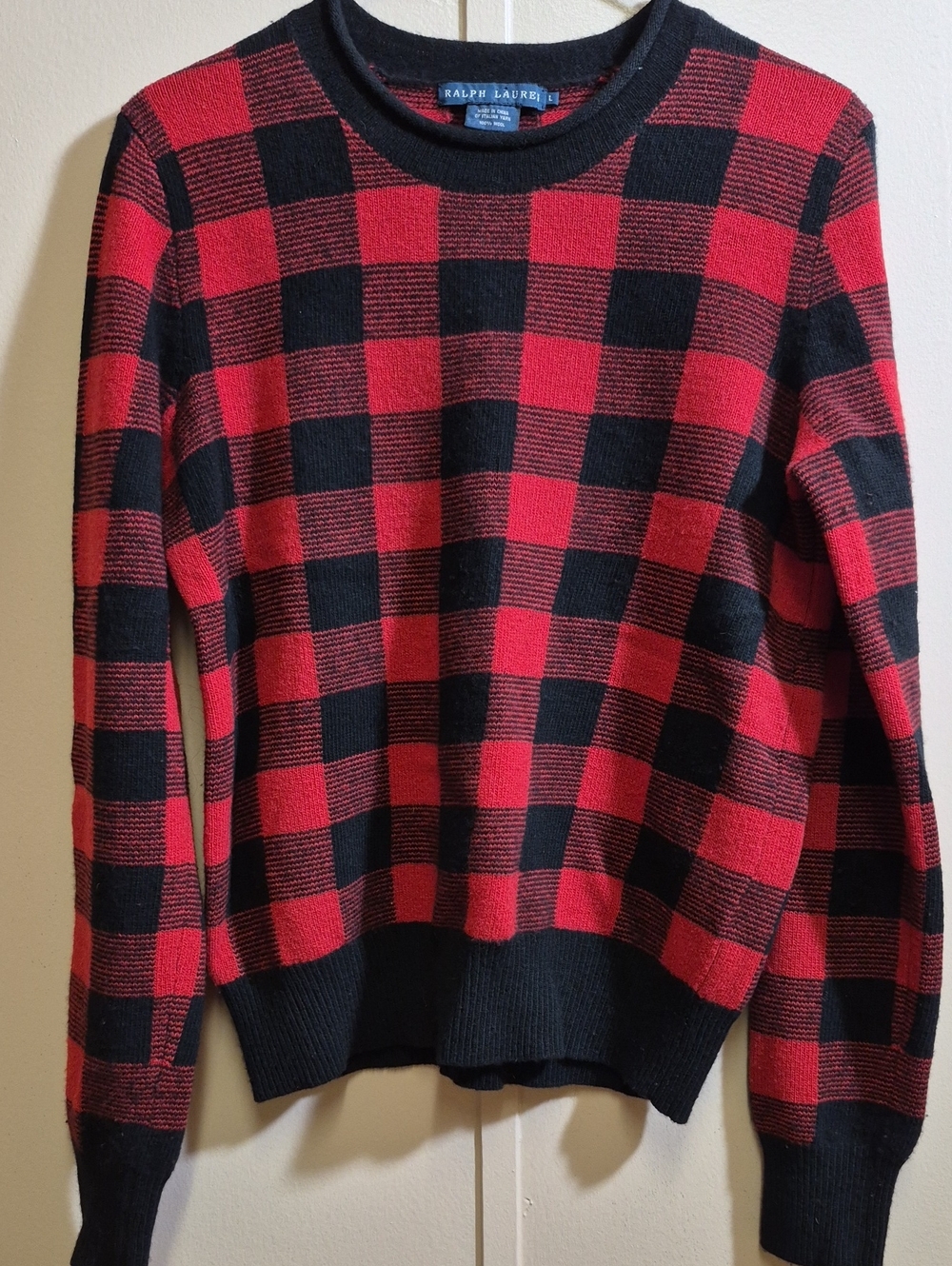 Polo Ralph Lauren Buffalo Plaid Check Sweater Size L – 100% Italian Wool